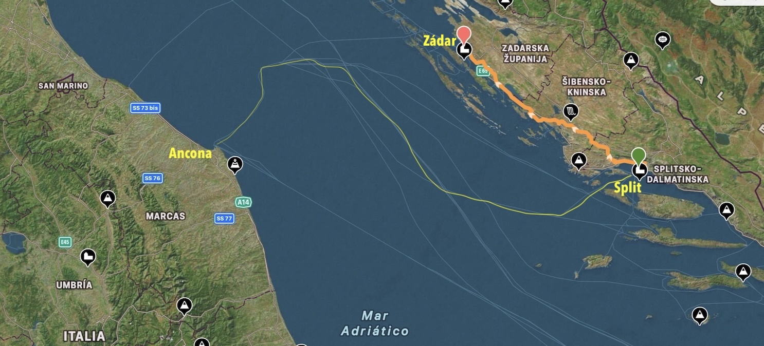 Mapa: ferri Ancona-Split + etapas en Croacia